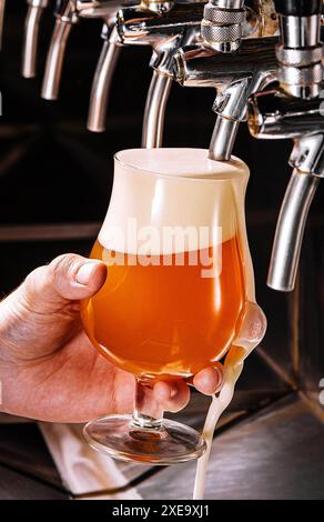 Barkeeper, der frisches Bier in ein Glas im Pub gießt Stockfoto