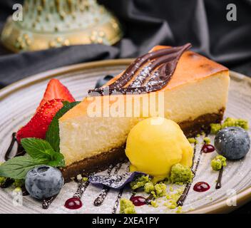 Vanillekäsekuchen mit Schokolade und Beeren Stockfoto