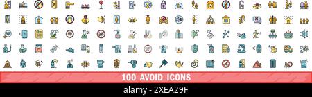 100 Vermeiden Sie Symbolsatz. Farblinie Satz von Vektorsymbolen vermeiden dünne Linie Farbe flach auf weiß Stock Vektor