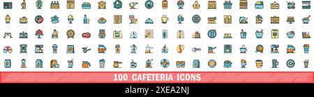 100 Cafeteria-Ikonen. Farblinie Satz von Cafeteria Vektor Symbole dünne Linie Farbe flach auf weiß Stock Vektor