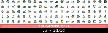 100 Cafeteria-Ikonen. Farblinie Satz von Cafeteria Vektor Symbole dünne Linie Farbe flach auf weiß Stock Vektor