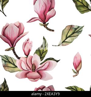 Nahtloses Muster mit Magnolienblüte. Handgezeichnete Aquarellillustration mit rosa Magnolienblüten und grünen Blättern. Illustration für Hochzeit Stockfoto