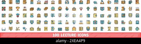 100 Symbole für Vorlesungen. Farblinie Satz von Vorlesungsvektorsymbolen dünne Linie Farbe flach auf weiß Stock Vektor