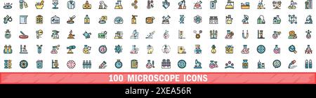 100 Mikroskop-Symbole eingestellt. Farblinie Satz von Mikroskop-Vektorsymbolen dünne Linie Farbe flach auf weiß Stock Vektor