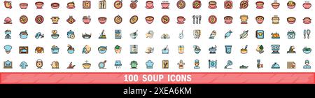 100 Suppen-Symbole eingestellt. Farblinie Satz von Suppen Vektorsymbolen dünne Linie Farbe flach auf weiß Stock Vektor