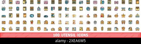 100 Utensiliensymbole eingestellt. Farblinie Satz Utensilien Vektor Symbole dünne Linie Farbe flach auf weiß Stock Vektor