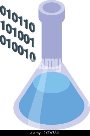 Isometrische Darstellung eines erlenmeyerkolbens mit blauer Flüssigkeit, repräsentiert das Konzept der digitalen Datenverarbeitung in der wissenschaftlichen Forschung Stock Vektor