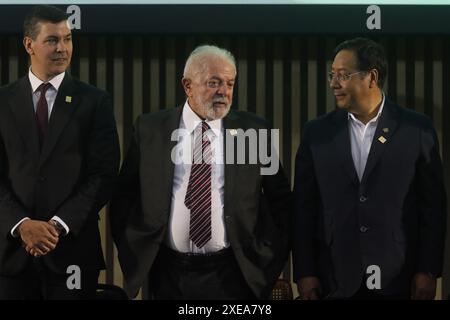 Die Präsidenten Lula da Silva, Santiago Peña und Luis Arce aus Brasilien, Paraguay und Bolivien auf dem Mercosul-Gipfel in Rio de Janeiro, Brasilien 12.07.2023 Stockfoto