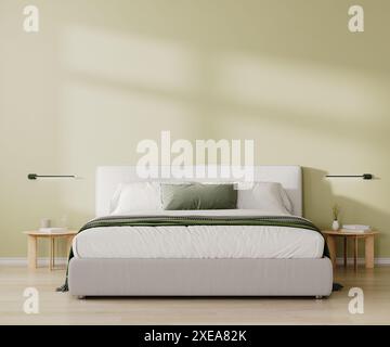 Moderne Inneneinrichtung. Kingsize-Bett mit weißer und grüner Bettwäsche und Kissen, hellgrüne Wand, 3D-Putz Stockfoto