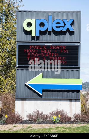 Das QPlex Recreation Centre zeigt die bevorstehenden Veranstaltungen im Sherwood Park in Quispamsis, New Brunswick, Kanada Stockfoto