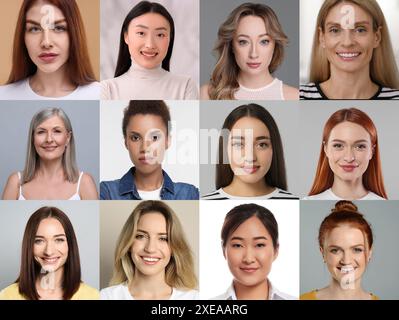 Viele schöne Frauen verschiedener Rassen und Alters. Collage von Porträts Stockfoto