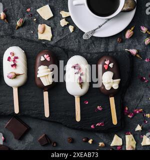 Blick von oben auf dekorierte Kuchen Pops Eis auf schwarzem Hintergrund Stockfoto