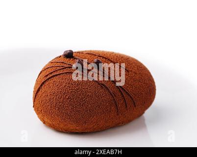 Zeitgenössischer Chocolate Dome Mousse Cake mit Schoko-Samtspray und Schokoladen-Gourmet-Glasur Stockfoto