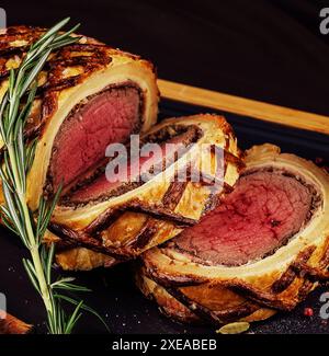 Rinderfilet-Rollen auf Holzbrett gefüllt Stockfoto