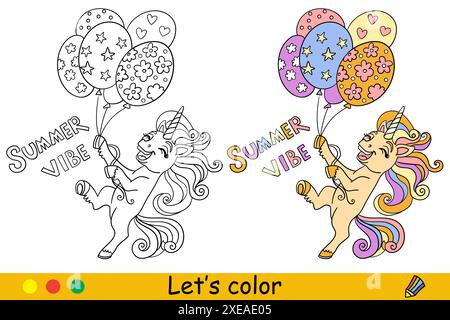 Cartoon Happy Unicorn mit Ballons und Schriftzug. Kinder Malbuch Seite. Einhornfigur. Schwarze Kontur mit Farbvorlage. Vektorabbildung. Stock Vektor