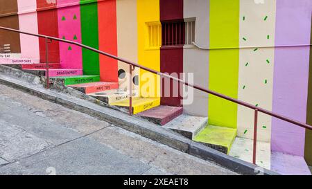 Vinton Court Steps Installation, Wandgemälde von Erin Jang, bekannt als Chinatown Flavor, Teil des Color Factory Pop-up, Chinatown, am 27. November 2017 in S Stockfoto