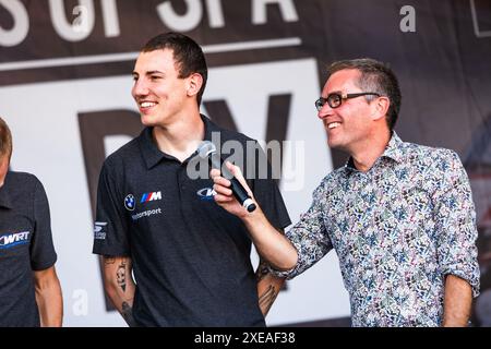 Stavelot, Belgique. Juni 2024. MARCIELLO Raffaele (che), MARTIN Maxime (bel), ROSSI Valentino (ita), BMW M4 GT3, Porträt, Parade während des CrowdStrike 24 Hours of Spa 2024, 2. Rennen des GT World Challenge Europe Endurance Cup 2024, vom 26. bis 30. Juni 2024 auf dem Circuit de Spa-Francorchamps in Stavelot, Belgien - Foto Damien Saulnier/DPPI Credit: DPPI Media/Alamy Live News Stockfoto