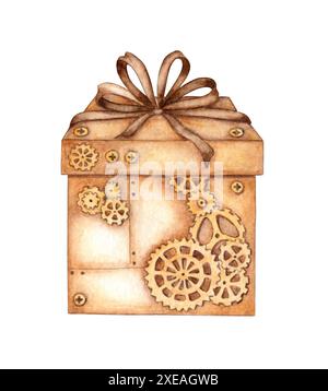 Geschenkbox braun mit Schleife in Steampunk-Stil Aquarellillustration. Die Box ist mit Zahnrädern und Zahnrädern dekoriert. Vom Hintergrund isoliert. Ideal für Stockfoto