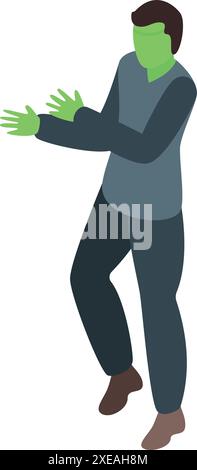 Grüner Zombie-Mann, der in gruseliger Pose mit erhobenen Händen steht, Design-Element für halloween-Partys Stock Vektor