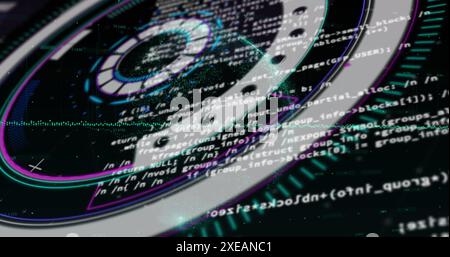 Bild eines runden Neonscanners, der sich über der Datenverarbeitung dreht und sich auf schwarzem Hintergrund dreht Stockfoto