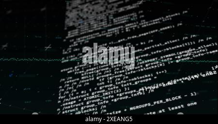 Bild eines runden Neonscanners, der sich über der Datenverarbeitung dreht und sich auf schwarzem Hintergrund dreht Stockfoto