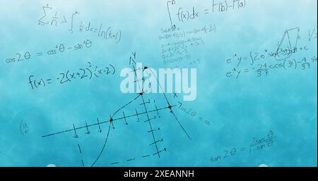 Digitalbild mathematischer Gleichungen und Formeln, die vor blauem Hintergrund schweben Stockfoto