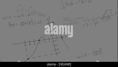 Digitales Bild mathematischer Gleichungen und Formeln, die vor grauem Hintergrund schweben Stockfoto