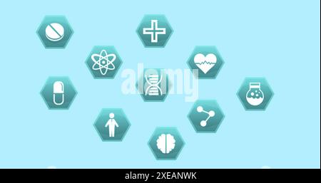 Bild medizinischer Symbole mit Datenverarbeitung auf blauem Hintergrund Stockfoto