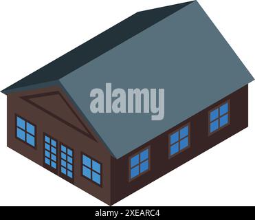 Einfache Holzhütte mit großen Fenstern, Isometrik eines Landhauses Stock Vektor