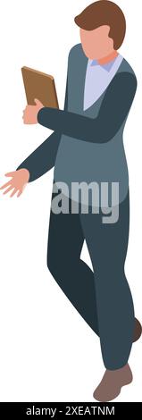 Geschäftsmann mit Tablett und Gesten, isometrische Illustration Stock Vektor