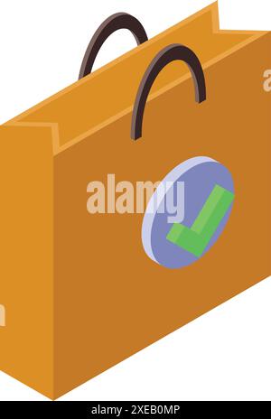 3D-isometrische Einkaufstasche mit grünem Häkchen, die einen genehmigten Kauf anzeigt Stock Vektor