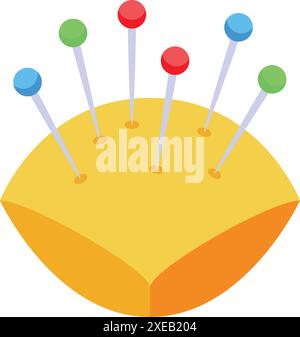 Bunte Nähstifte ragen aus einem runden gelben Kissen auf weißem Hintergrund Stock Vektor