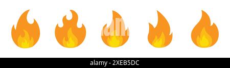 Symbolsatz „Feuer Flammen“. Feuer Flammen. Flammensymbole. Feuersilhouette. Set aus gelben und orangefarbenen Feuerflammen. Sammlung von Heißflammenelementen. Feuer, Flamme. Stock Vektor