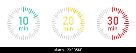 Das Vektorsymbol für die Stoppuhr 10, 20, 30 Minuten. Vektordarstellung der Stoppuhr oder des Countdown-Timers. Einstellung des Countdown-Timers und der Stoppuhr. Stock Vektor