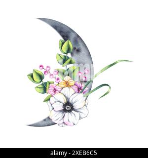 Blühender Mond mit Blumenstrauß mit Anemonen, Beeren. Blumenstrauß mit Mond zum Entwerfen von Karten, Einladungen, Drucken usw. Stockfoto