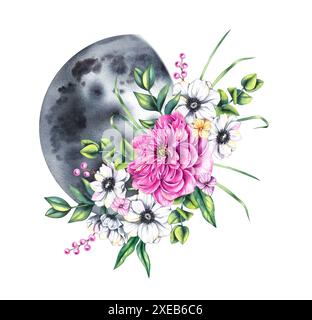 Blühender Mond mit Blumenstrauß mit Pfingstrose, Anemonen, Beeren. Blumenstrauß mit Mond zum Entwerfen von Karten, Einladungen, Drucken usw. Stockfoto