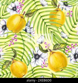 Aquarellmuster mit Quitte, Anemonenblüten, tropischen Blättern und gelbem Hintergrund. Handgezeichnetes nahtloses Muster. Botanisches Muster für Textilien, fa Stockfoto