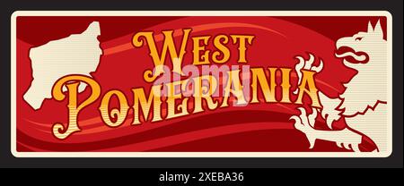Westpommern polnische Woiwodschaft und Reiseaufkleber. Vektor-Vintage-Banner mit Polen-Territorialkarte, touristischem Wahrzeichen und heraldischem Löwen. Retro-Schilder, Tafel mit Wappen Stock Vektor
