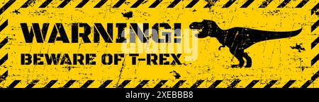 T rex Dinosaurier-Warnschild aus Metall oder Gefahrenhinweis, Vektorbanner. Vorsicht vor T-rex Warn- oder Aufmerksamkeitszeichen mit brüllender Dinosaurierechse im Rahmen von schwarzen Streifen auf gelbem Grunge-Hintergrund Stock Vektor