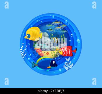 Unterwasserlandschaft Papier geschnitten mit tropischen Fischen, Meer oder Ozean Unterwasserwelt, Karikaturvektor. Unterwasserlandschaft in Papierschichten mit exotischen Korallenrifffischen und Seesternen in Algenalgen Stock Vektor