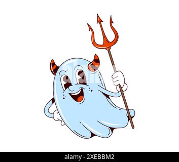 Cartoon Retro-groovige Halloween-Geisterfigur mit Dreizack. kawaii-Spook trägt rote Teufelshörner mit Heugabel, für einen skurrilen Partylook. Niedliche Vektor-charmante Persönlichkeit im Vintage-Stil Stock Vektor