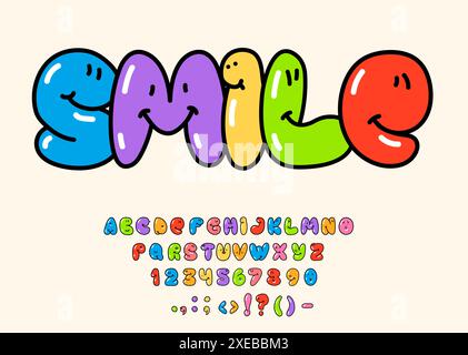 Niedliche Bubble-Schriftart, y2k-Zeichentrickballon mit Buchstaben und Zahlen mit lustigem Lächeln. Vector Kids Schriftart des englischen abc mit glänzenden Farbzeichen und Symbolen. Niedliches Bubble Graffiti Schriftart Set Stock Vektor