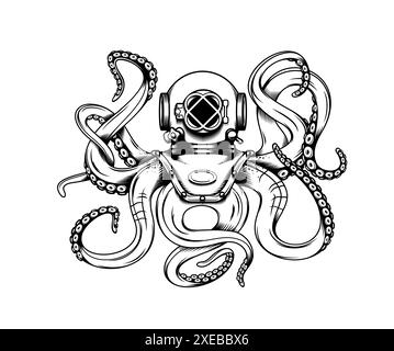 Oktopus-Tattoo mit Tentakeln und Taucherhelm. Vektor Hand gezeichnete Skizze von riesigen Kraken oder Kraken Fantasy Meerestier. Gravur eines Meeresmonsters mit klassischem Tauchen- oder Sporthelm Stock Vektor
