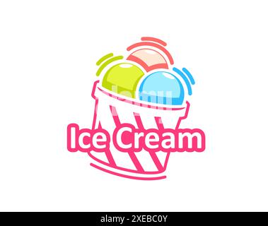 Eis-Dessert, Eisbecher Ikone mit süßen Snacks im Sommer. Eisdiele Vektor-Etikett mit geschmolzenen Kugeln aus italienischem Eis, Eisbecher oder Sorbet Dessert serviert in Papiereimer Stock Vektor