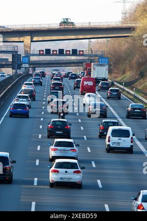 Viele Autos auf der Autobahn A3, Erkrath, Bergisches Land, Nordrhein-Westfalen, Deutschland, Europa Stockfoto