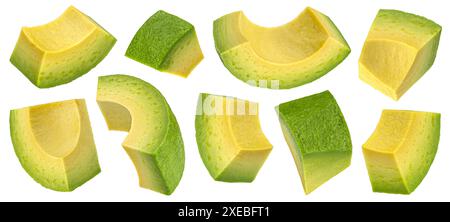 Avocadoscheiben isoliert auf weißem Hintergrund Stockfoto