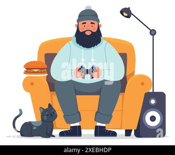 Bärtiger Mann, der im Videospiel mit Katze spielt. Ein Spieler isst einen Burger. Illustration des flachen Vektors auf weißem Hintergrund isoliert Stock Vektor