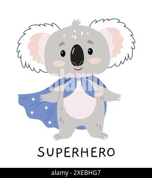 Koala Superheld in einem blauen Mantel. Niedliche Illustration für Kinder. Scandi-Charakter für T-Shirt-Muster. Kindliche farbige flache Vektorillustration isoliert o Stock Vektor