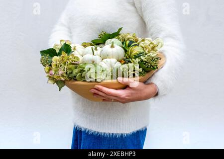 Unerkennbare Frau, die kleine, frische, reife weiße Kürbisse hält. Organische dekorative Zwergkürbisse in einer Holzwanne. Stockfoto