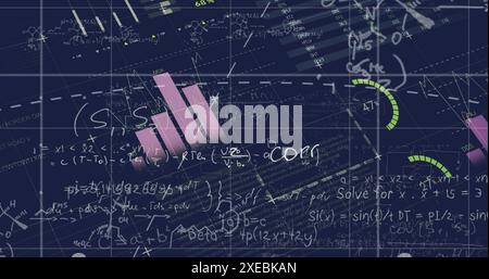 Bild der statistischen Datenverarbeitung und mathematischen Gleichungen vor blauem Hintergrund Stockfoto